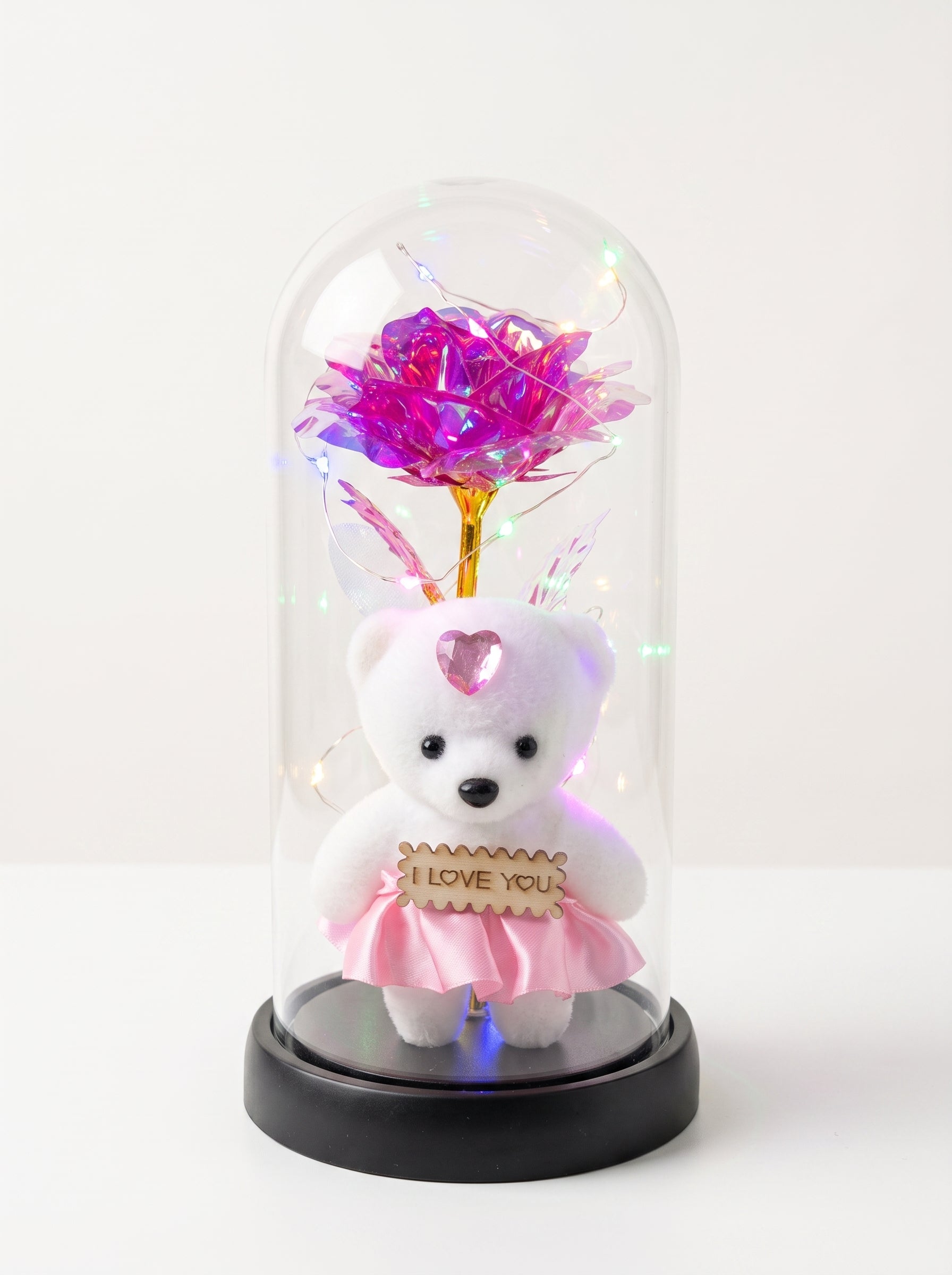 The Crystal Rose & LED Light Teddy Glass Dome – Pink Edition
